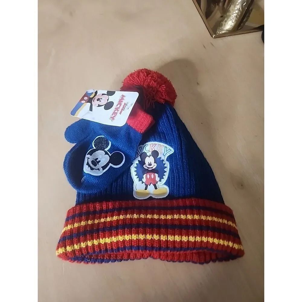 Mickey Mouse Disney Jr Blue Knit With Pom With Gloves Youth toddler NEW With Tag